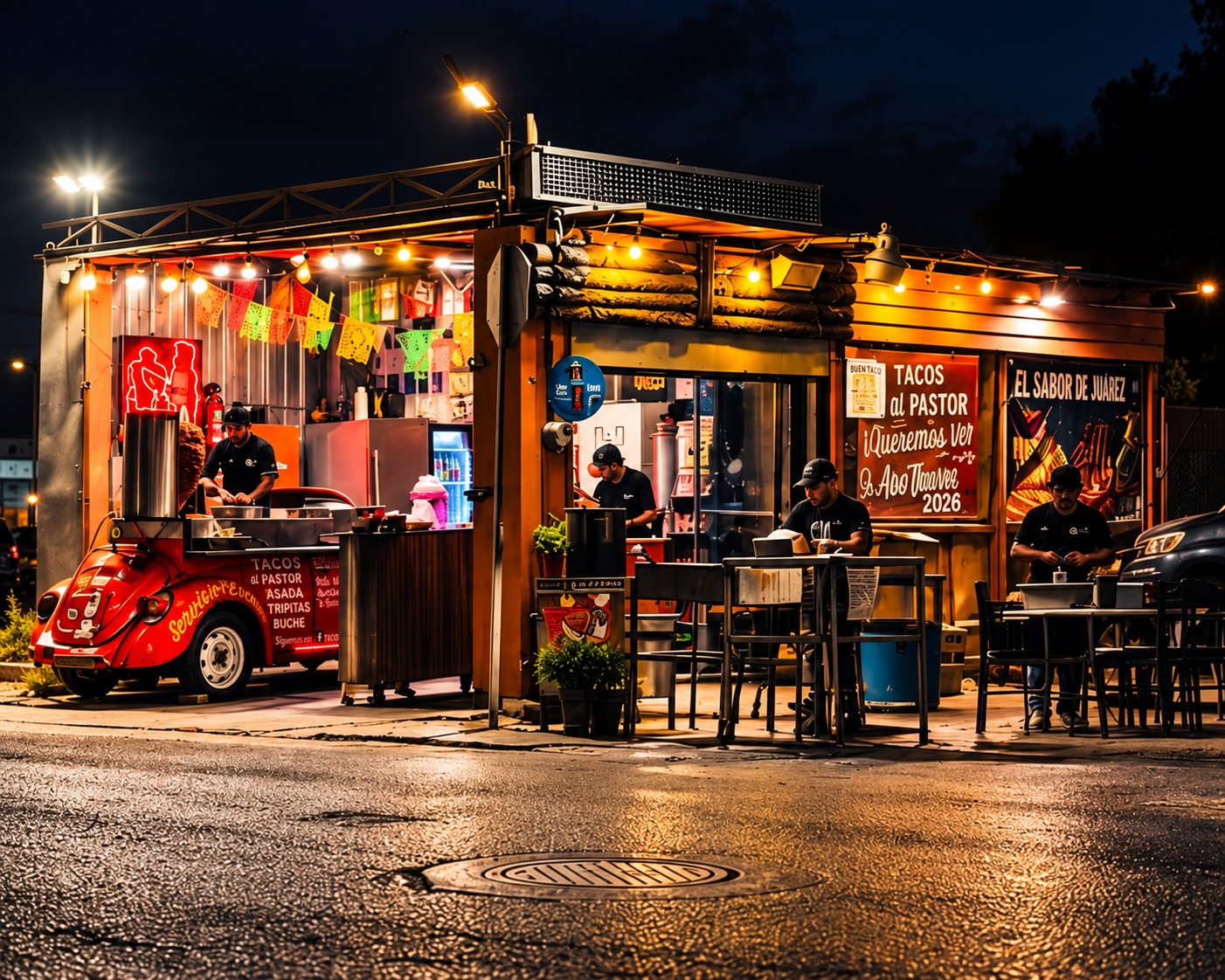 Puesto de tacos de noche con luces cálidas, trompo al pastor y taqueros de Tacos El Potrero